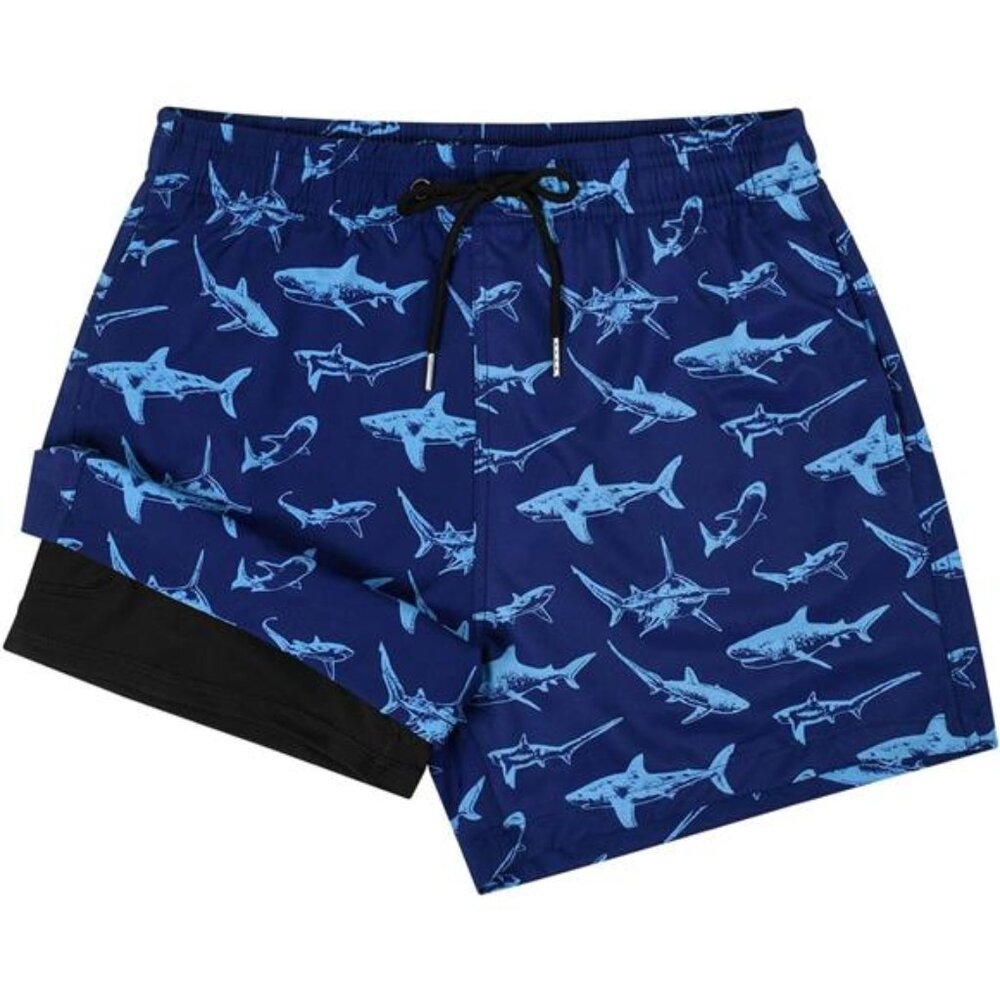 Men's Shark Swim Trunks with Compression Liner | 5 Inch Board Shorts | Quick